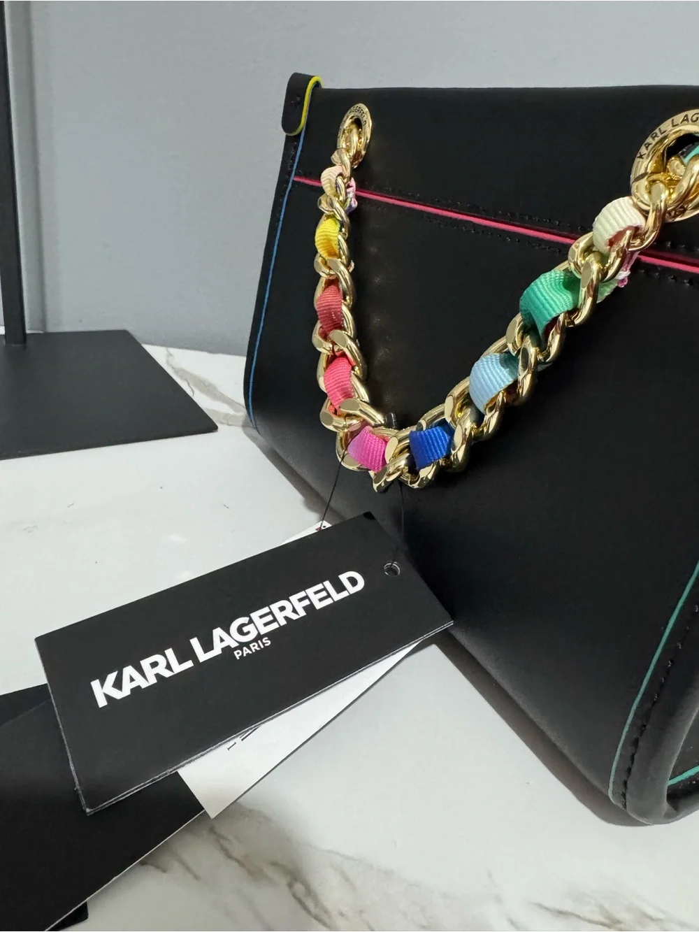 Karl Lagerfeld Black Shoulder Bag with Gold Rainbow-Trim Chain